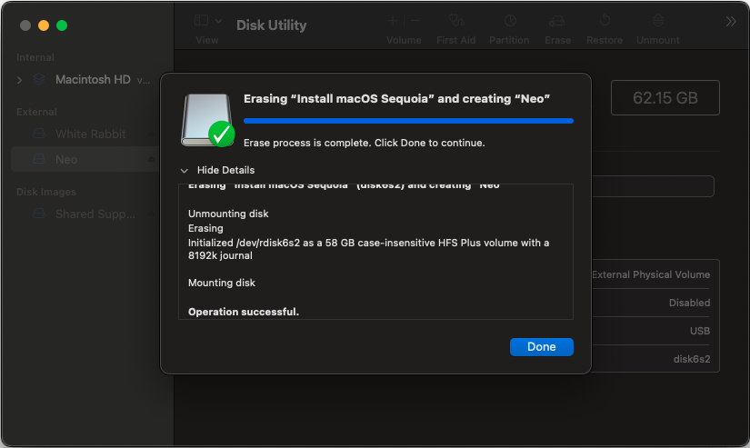 Disk Utility - Erase Process Complete