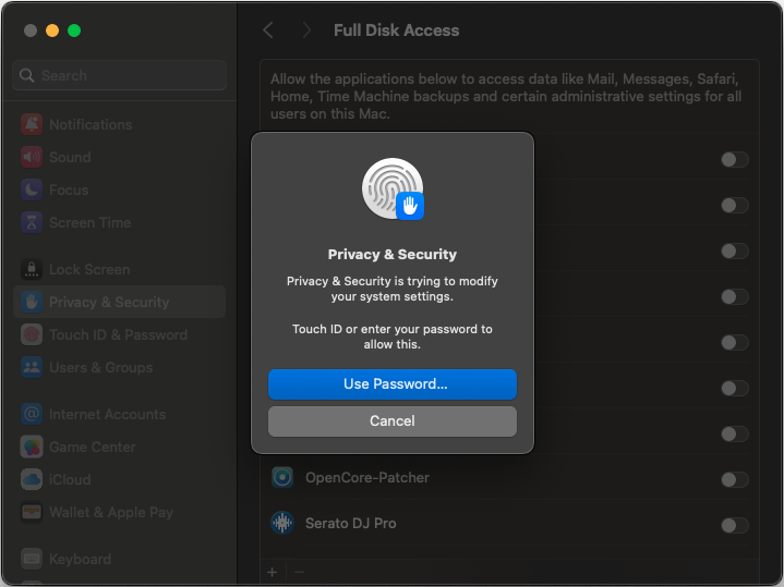 Full Disk Access - Add App (Password)