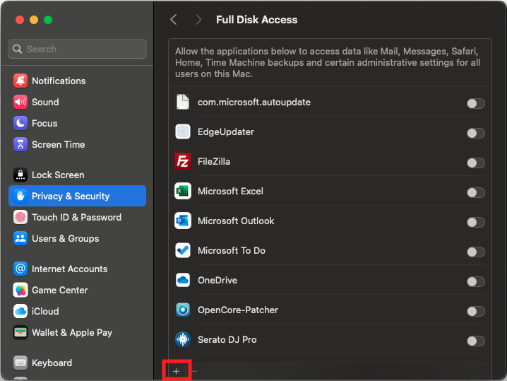 Full Disk Access - Add App