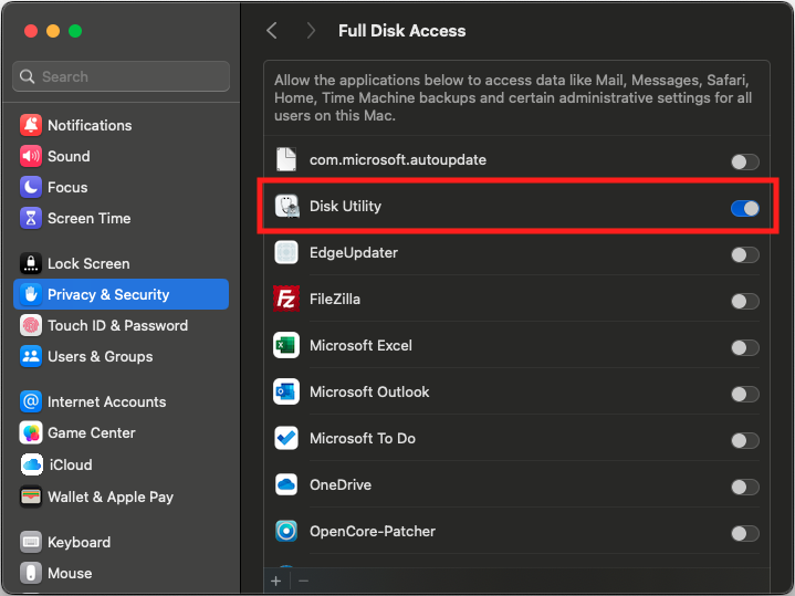 Full Disk Access - Disk Utility - On