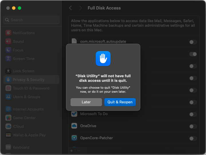 Full Disk Access - Disk Utility - Quit & Re-open